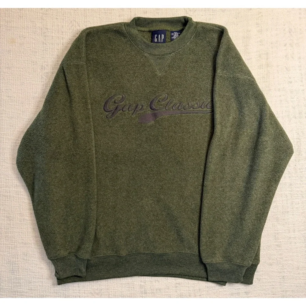 Vintage Gap Classic Fleece Sweatshirt XXL Olive Green Embroidered Logo Pullover